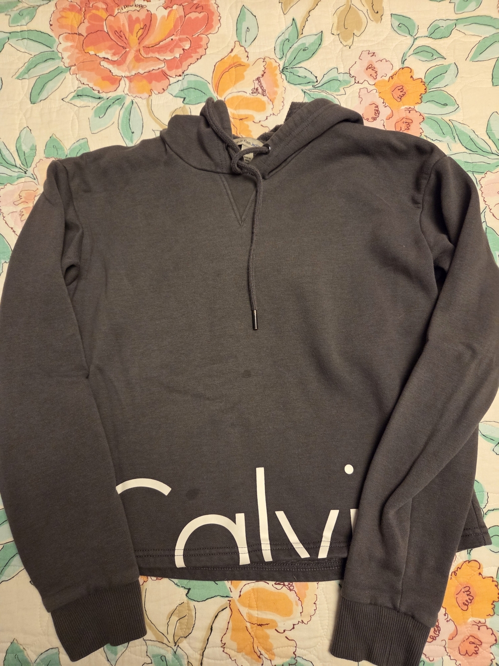 Calvin Klein Jeans Charcoal Logo Cropped Hoodie Sz M